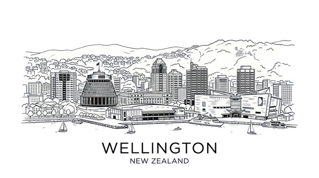 Wellington new zealand skyline with beehive and harbour sketch