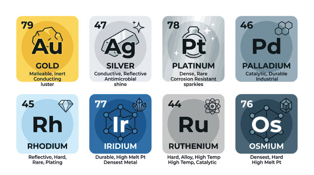 Precious metals periodic table tiles showing chemical properties