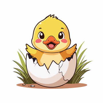 Cute cartoon chick hatching from egg with grass