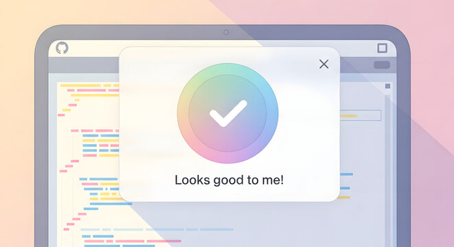 Code review approval popup with checkmark and looks good to me text on developer screen illustration