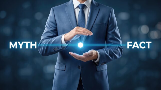 Businessman presenting myth vs fact concept with glowing orb