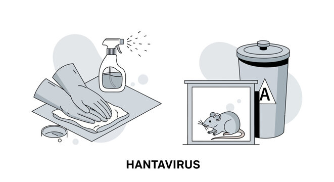 Vector illustration depicting Hantavirus prevention methods: surface disinfection using protective gloves and spray bottle, and rodent capture in a trap near a disposal container.