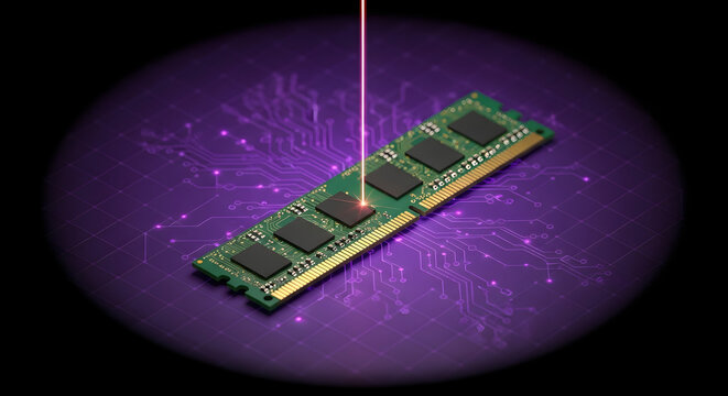 Computer RAM memory module under laser beam inspection on purple motherboard pattern background