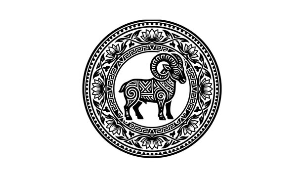 Ornate aries zodiac emblem with decorative ram and vintage floral greek patterns vector