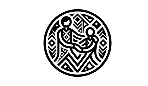 Geometric gemini zodiac emblem with minimalist abstract couple and tribal patterns vector