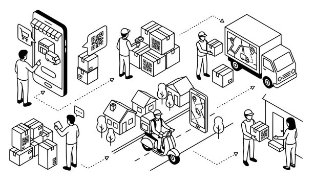 Isometric line art of e-commerce online shopping supply chain and fast home delivery logistics process