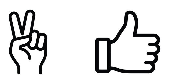 Hand gesture icons showing victory v sign and thumbs up approval with thumbsup approval positive