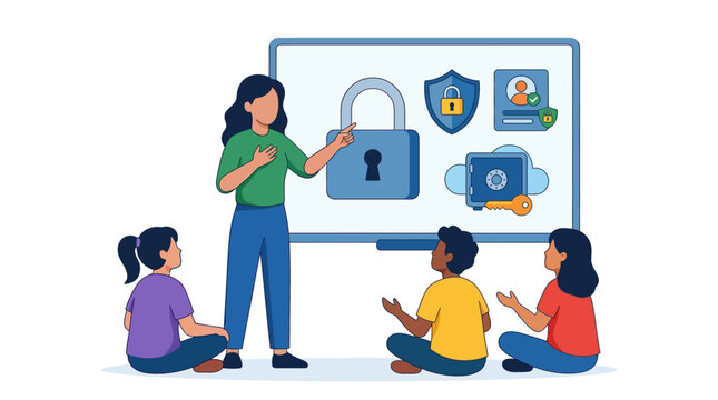 Flat faceless vector illustration of a female teacher educating diverse children about cybersecurity and online safety using a digital whiteboard with lock, shield and cloud icons.