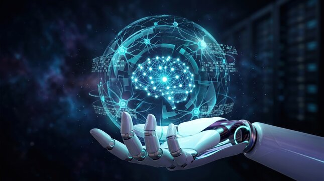 Futuristic robotic hand holding a glowing digital brain sphere representing artificial intelligence, neural networks, machine learning