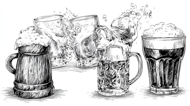Black and white sketch with assorted beer mugs including wooden stein, clinking glass cups and fluted goblet, hatching shading for texture, frothy beer and splashing liquid