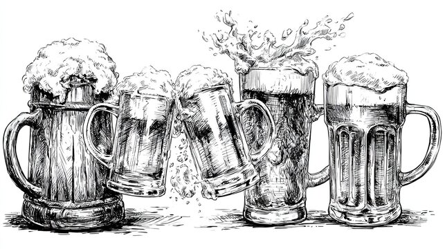 Black and white sketch with assorted beer mugs including wooden stein, clinking glass cups and fluted goblet, hatching shading for texture, frothy beer and splashing liquid