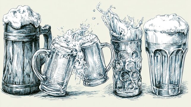 Black and white sketch with assorted beer mugs including wooden stein, clinking glass cups and fluted goblet, hatching shading for texture, frothy beer and splashing liquid