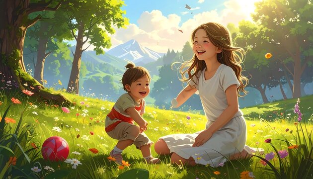 Two happy individuals frolic in a vibrant meadow, surrounded by greenery, blooming flowers, and a stunning mountain backdrop