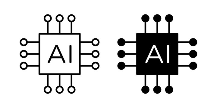 AI technology icon in outline and solid style, isolated on white background. Perfect for machine learning, smart automation, and cognitive computing features in mobile and web design.