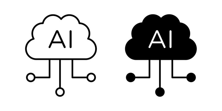 Cloud AI icon in outline and solid style, isolated on white background. Ideal for cloud based artificial intelligence, smart computing, and online machine learning features in mobile and web design.