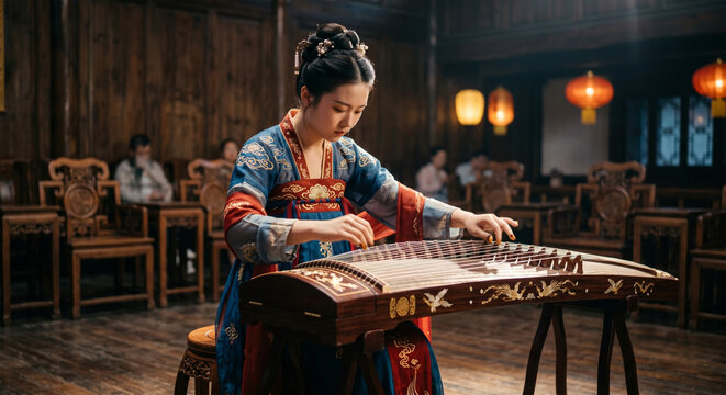 A high-definition photograph capturing a young woman in elaborate traditional Hanfu attire, completely absorbed in playing an 21-string Guzheng.