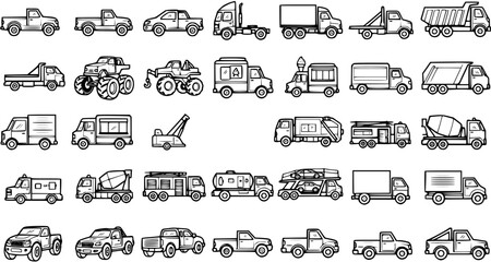Transportation and Automotive Trucks and Commercial Vehicles Black and White Line Art Icons Set © abenail