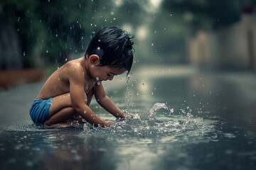 Fototapeta premium A young boy is playing in the rain