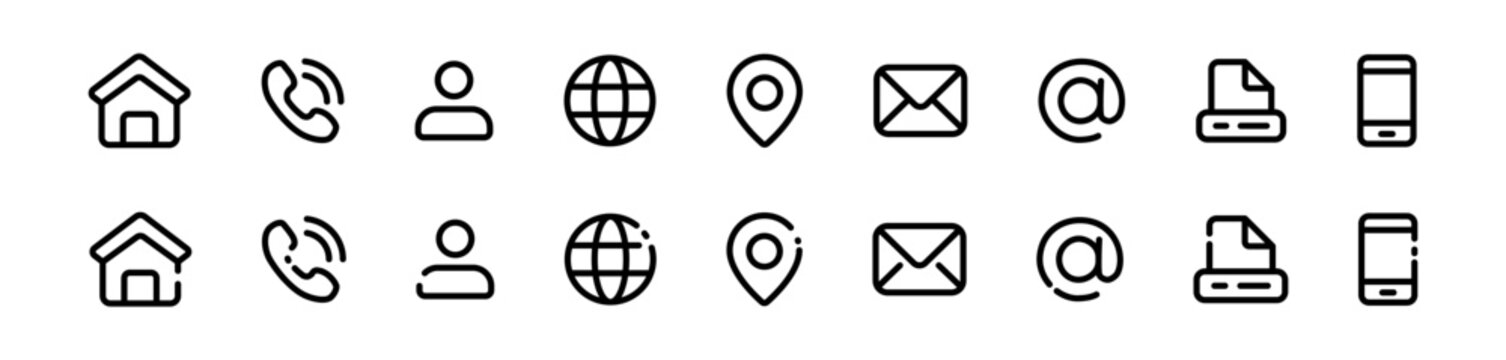 Contact us information business card featuring home, cell phone, user, website, venue, email, at, file messages, and smart phone icons for communication and contact services