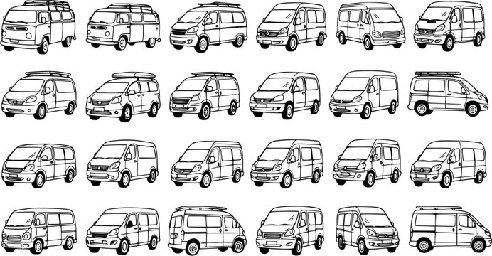 Automotive Transportation Line Art Collection: Black and White Hand-Drawn Vans, Minivans, and Microbuses Vehicle Set.