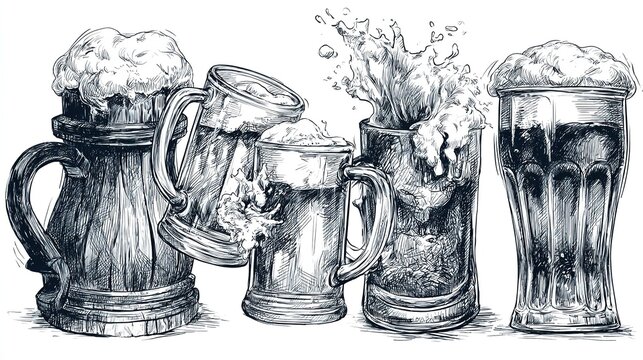Black and white sketch with assorted beer mugs including wooden stein, clinking glass cups and fluted goblet, hatching shading for texture, frothy beer and splashing liquid