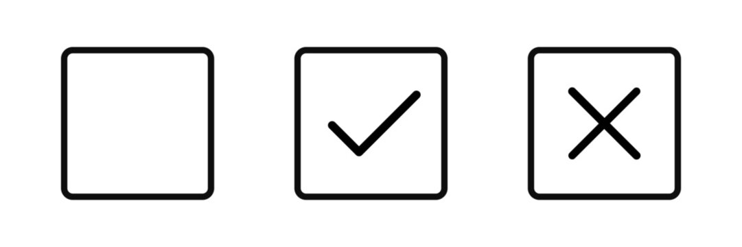 Checkbox states icon set with checked, unchecked and empty square symbols. Selection and validation icons for app and web interface, forms and user input controls