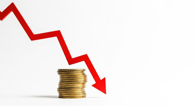 Red downward arrow on stack of gold coins signifying financial loss and market decline on white background.