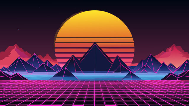 Retro synthwave landscape with glowing sunset and grid floor synthwave landscape mountain vaporwave eighties futuristic aesthetic background wallpaper perspective nostalgia computer