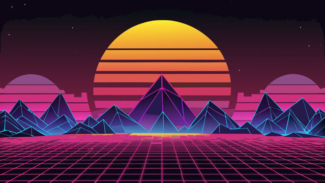Neon 80s synthwave mountain landscape with sun and grid synthwave landscape mountain vaporwave eighties futuristic aesthetic background wallpaper perspective nostalgia computer elements