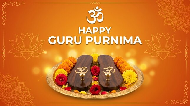 Guru purnima religious greeting with wooden sandals and flowers on orange