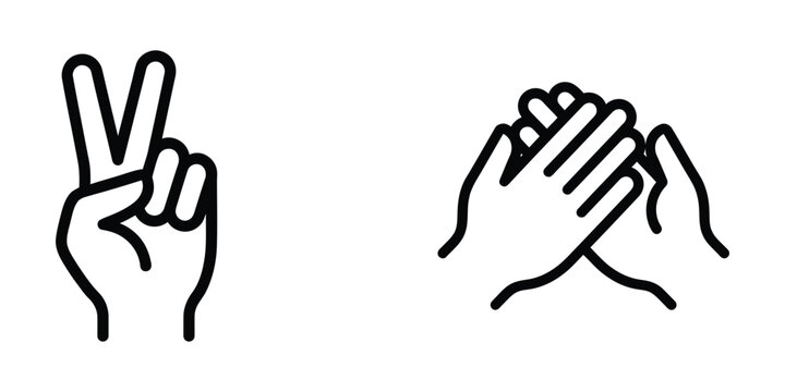Minimalist outline icons of victory hand gesture and clapping hands with clapping, applauding