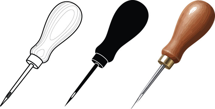 Set of awl tools outline silhouette and realistic illustration for crafting and repair isolated on white background