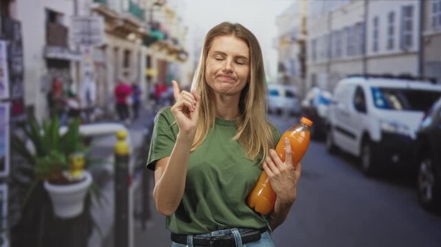 Blonde woman points finger while holding a large orange juice bottle in a narrow city street with parked vans and planters; disapproval.