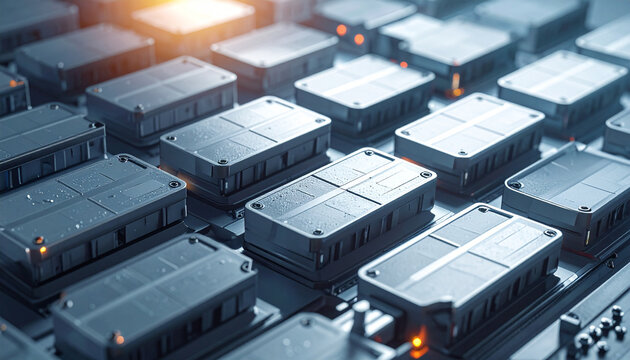 Mass Production of Energy Storage Cells: A close-up view of numerous industrial cells, likely for energy storage or electronic components, arranged in a grid pattern.