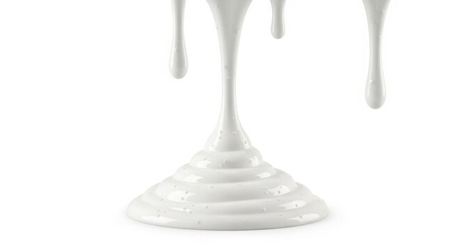 Viscous white lotion dripping in multiple streams creating thick ripples on plain white surface.
