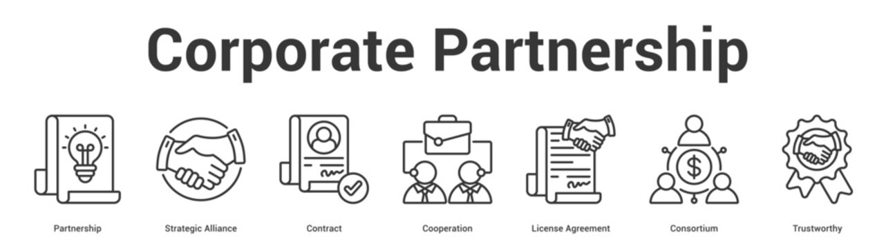 Corporate Partnership web banner icon set vector illustration concept for business with icon of Partnership, Strategic Alliance, Contract, Cooperation, License Agreeme.