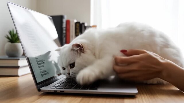 A fluffy white cat steps on a laptop keyboard on a wooden desk. Funny concept of working from home with pet distractions. Perfect for remote work and lifestyle blogs.