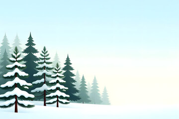 Fototapeta premium Beautiful winter forest landscape with snow covered pine trees and copy space 