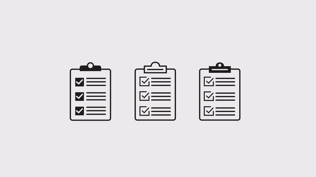 Animated checklist, checkboard, and clipboard icon set featuring task management, document verification, and workflow organization concepts. The animation showcases completed check marks, approval
