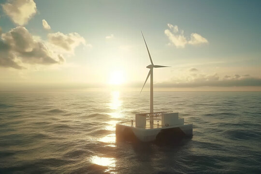 A boat with a wind turbine on it is in the ocean