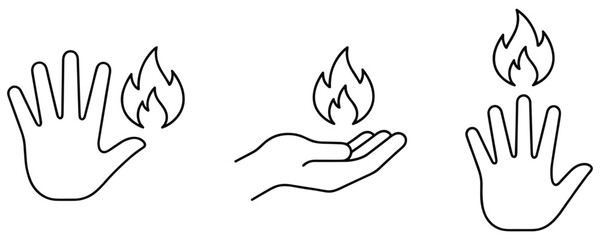 Fototapeta premium Outline icons of hands and flames representing warmth or danger vector.