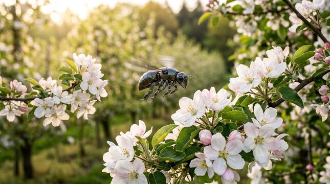 Honey bee flying through white apple blossoms in a sunny spring orchard during pollination season