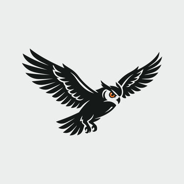Minimalist black and white flying owl vector illustration.