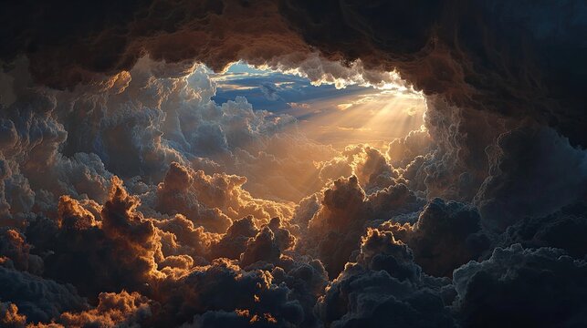 Heavenly light streams through a dramatic, sun-kissed cloud opening