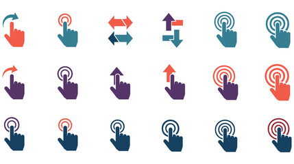 Fototapeta premium Touch gestures set vector illustration. pointer finger hand click multi color.