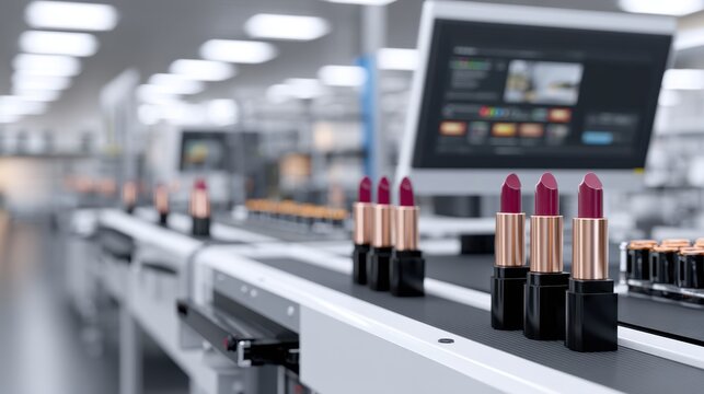 A production line featuring vibrant lipsticks arranged neatly alongside a monitor displaying relevant information