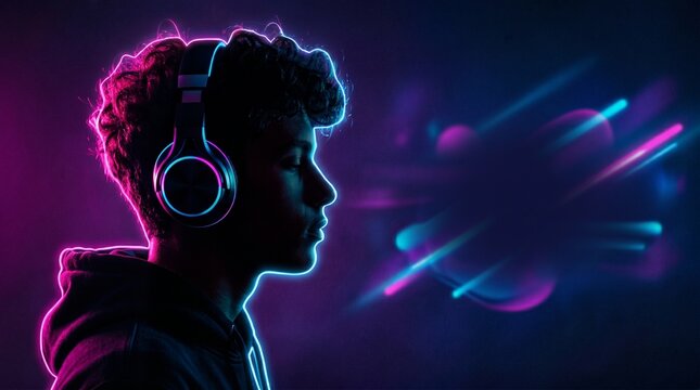 Silhouette of a person wearing headphones against vibrant neon lights