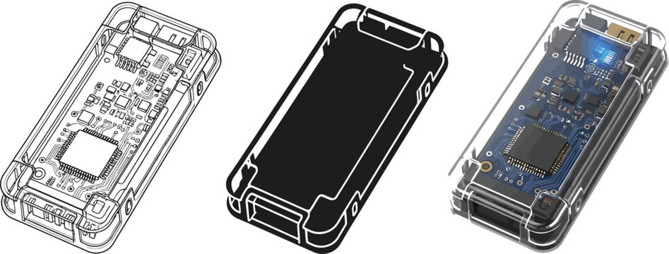 Set of electronic device components including a circuit board schematic black silhouette and functional prototype in a transparent case isolated on white