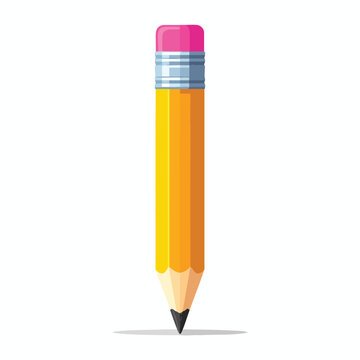 A single yellow pencil with a pink eraser standing vertically on a white background.