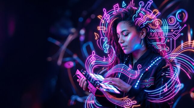 Female musician operating midi controller with neon sound graphics